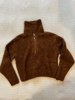Aritzia Wilfred Free Gwenyth Sweater Brown Half Zip Fuzzy Knit Small